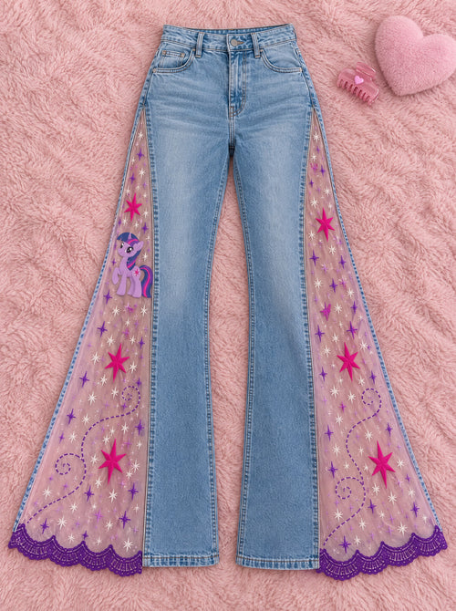 Embroidered Pony Panel Flare Jeans